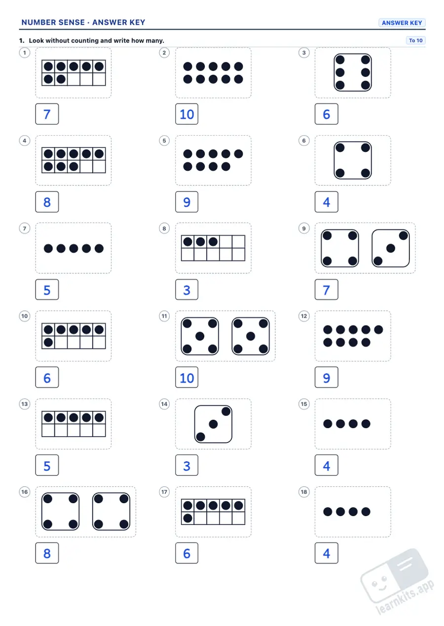 Number sense worksheets: sample answer key of the same worksheet, first page