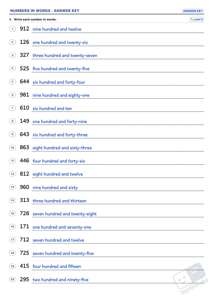 Numbers in Words Worksheet Generator: sample answer key of the same worksheet, first page