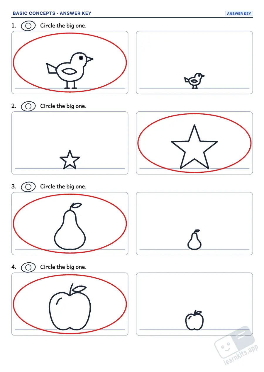 Printable basic concepts and opposites worksheets: sample answer key of the same worksheet, first page