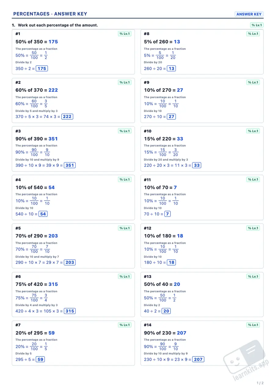 Percentage Worksheet Generator: sample answer key of the same worksheet, first page