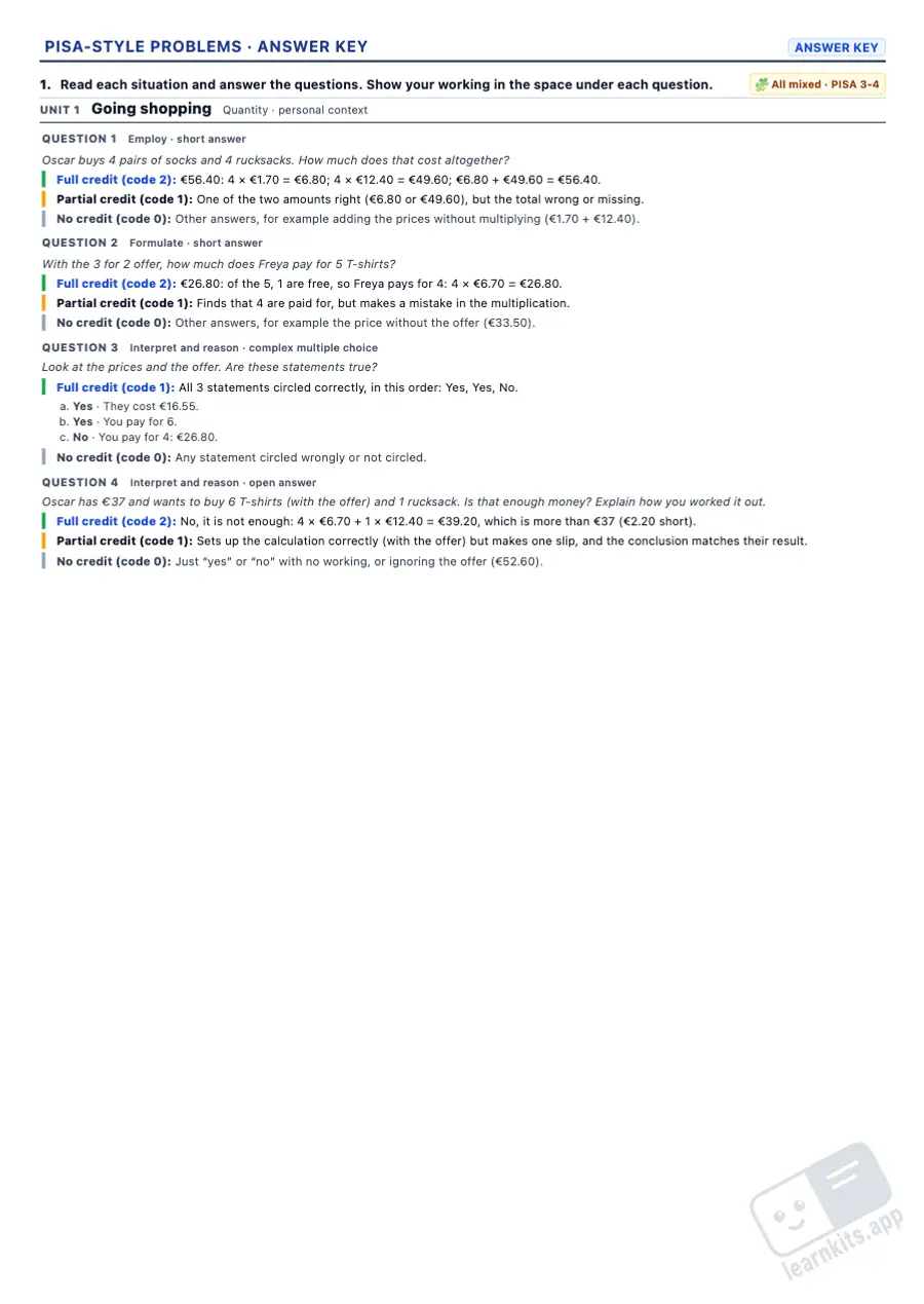 PISA-Style Math Problems Worksheet Generator: sample answer key of the same worksheet, first page