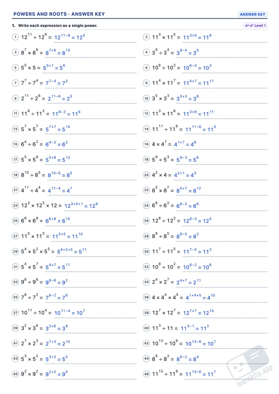 Powers and Square Roots Worksheet Generator: sample answer key of the same worksheet, first page