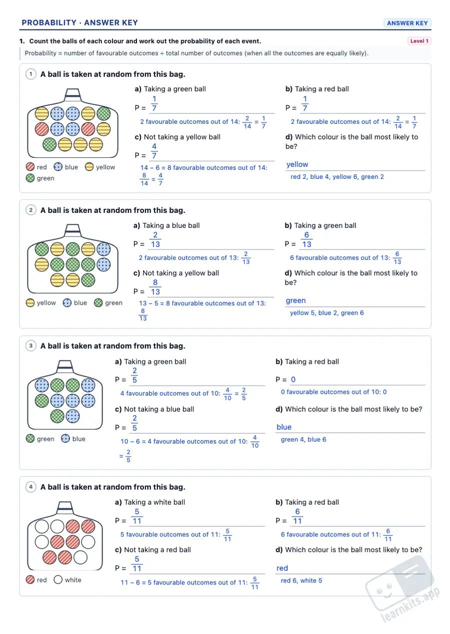 Probability Worksheet Generator: sample answer key of the same worksheet, first page