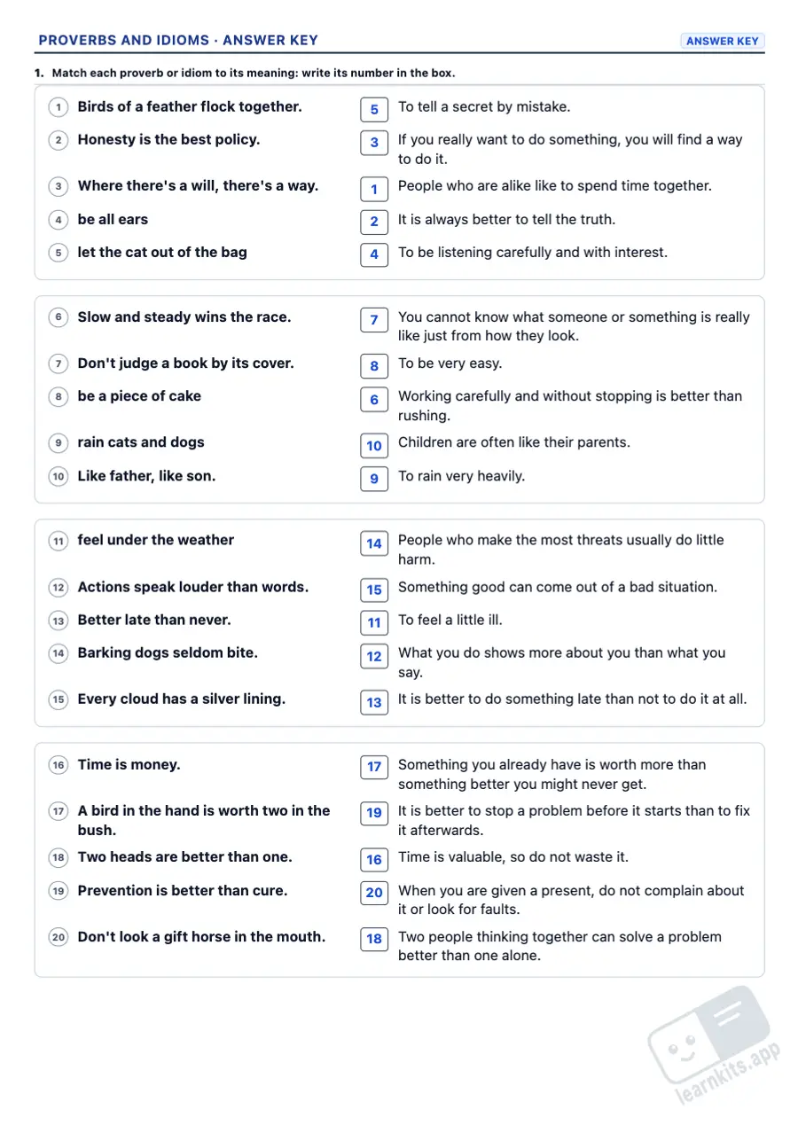 Proverbs and idioms worksheets to print: sample answer key of the same worksheet, first page