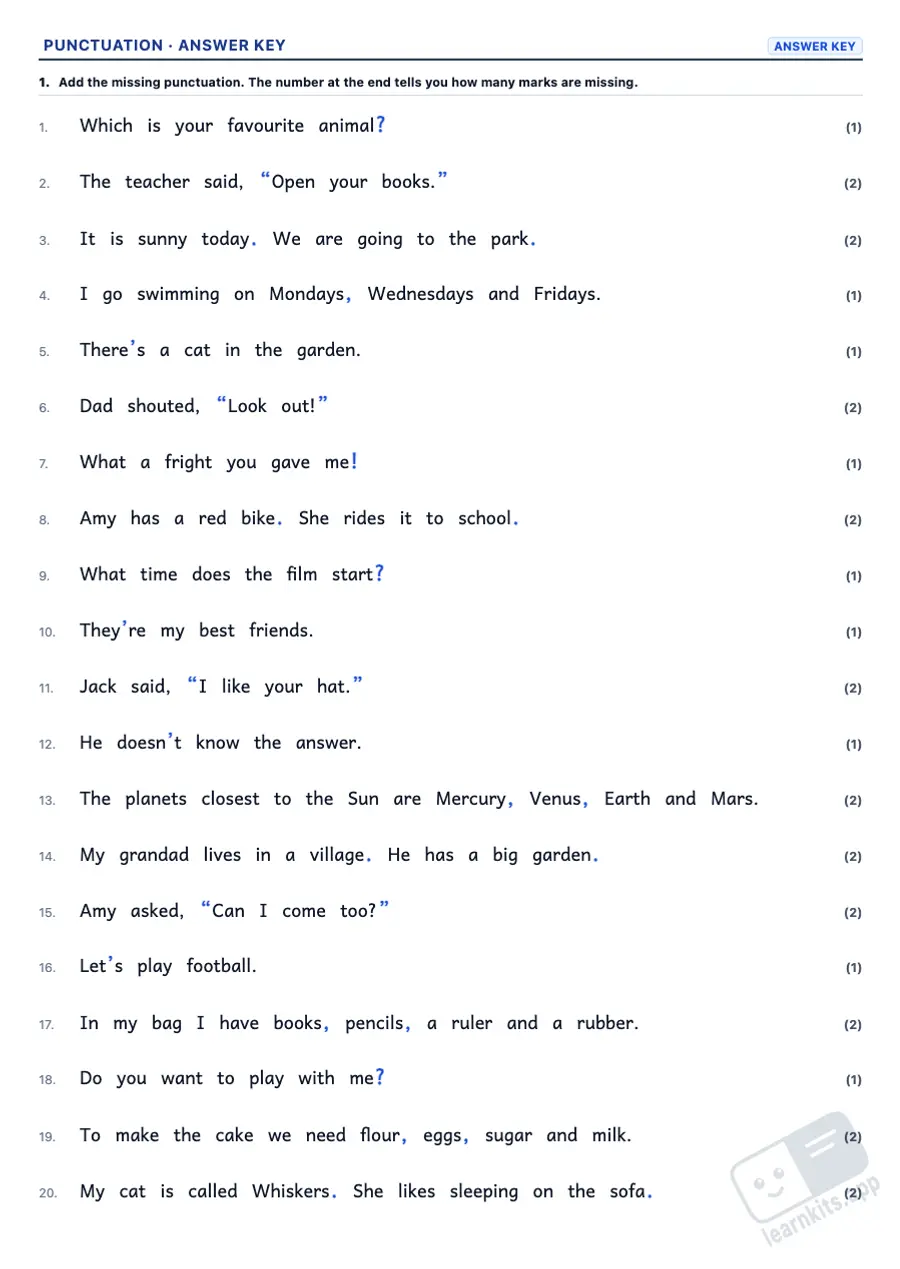 Punctuation Worksheet Generator: sample answer key of the same worksheet, first page