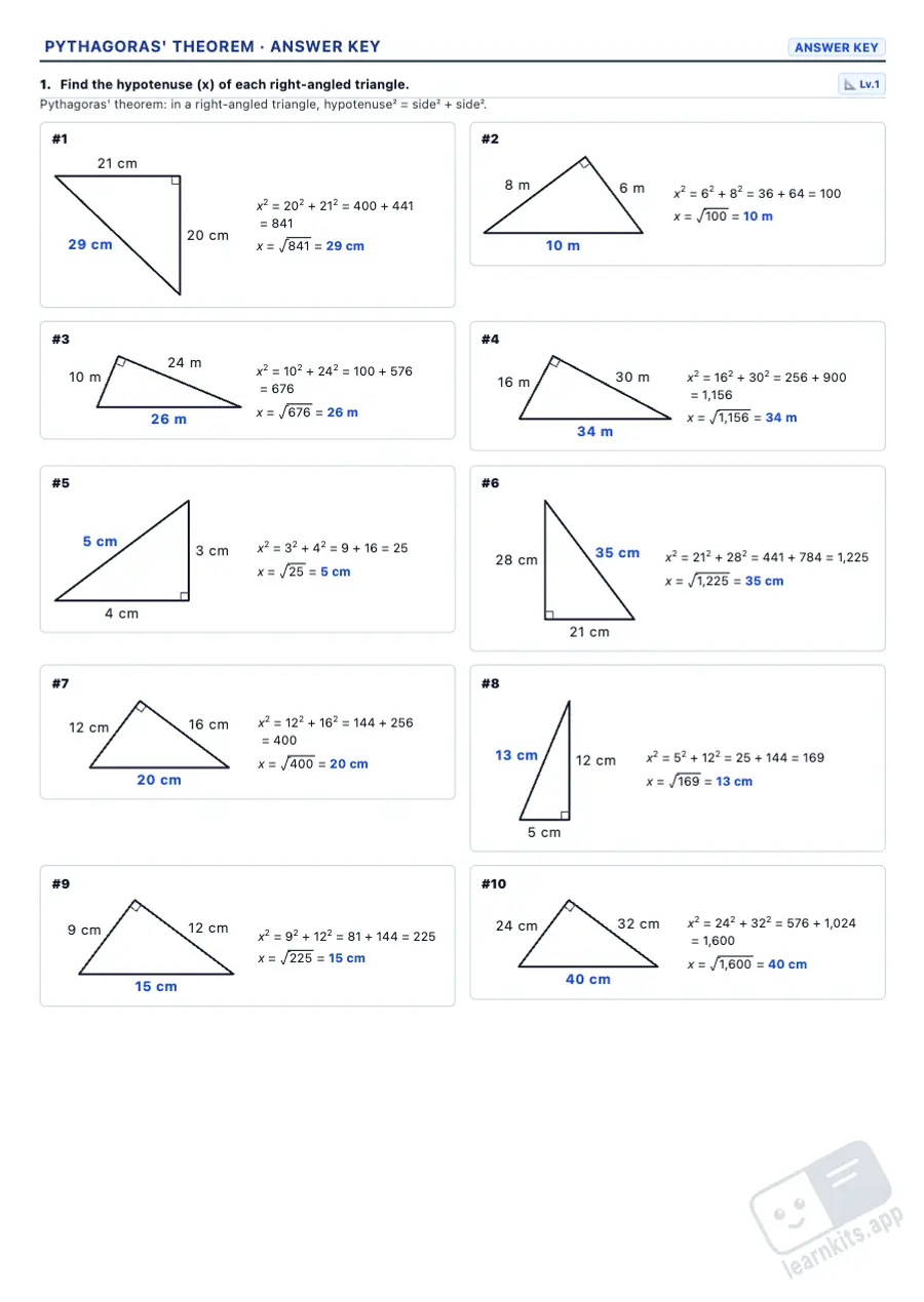 Pythagorean Theorem Worksheet Generator: sample answer key of the same worksheet, first page