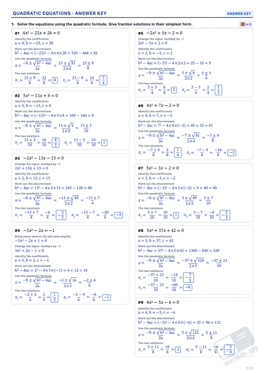 Quadratic Equations Worksheet Generator: sample answer key of the same worksheet, first page