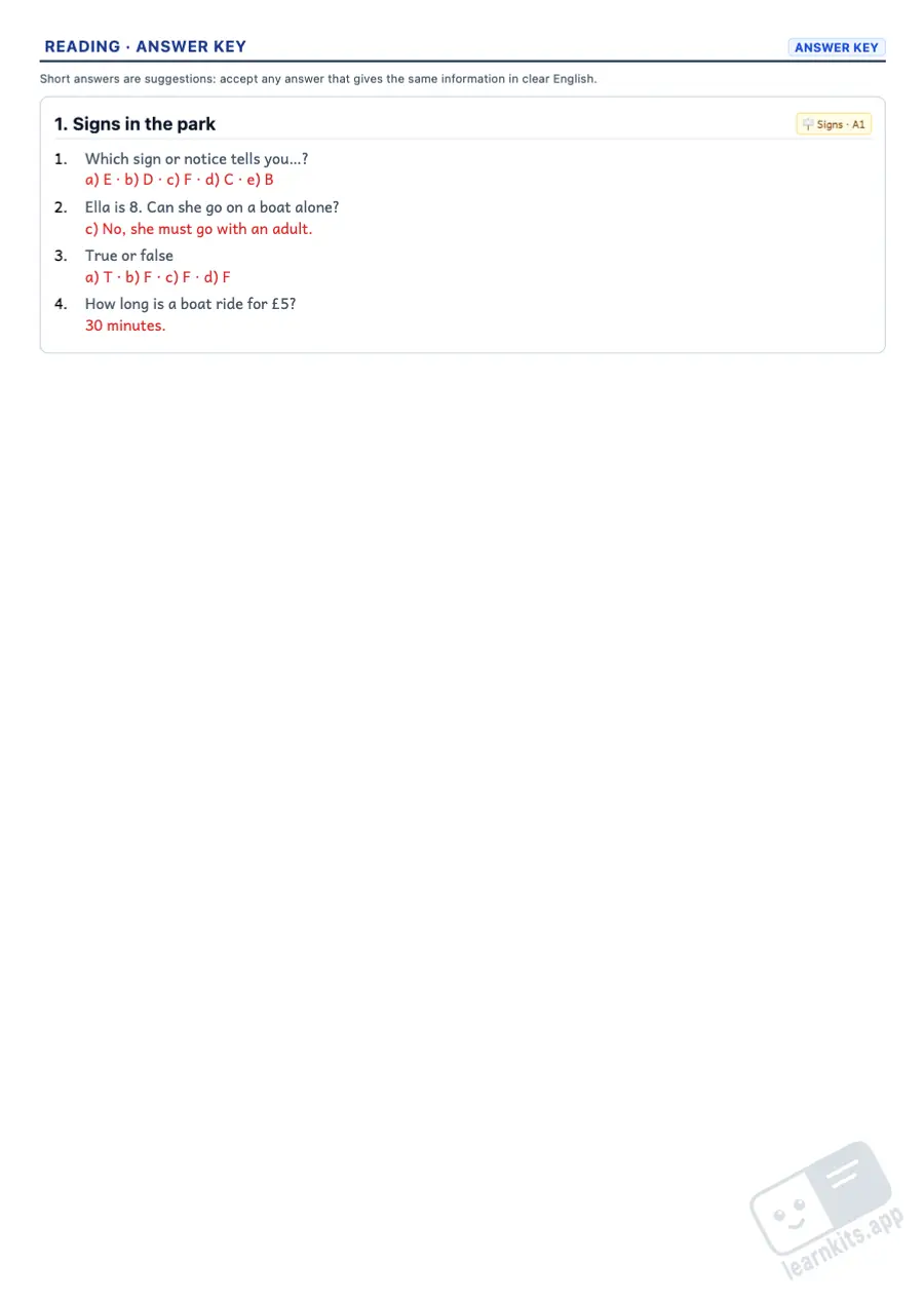 ESL Reading Comprehension Worksheet Generator: sample answer key of the same worksheet, first page