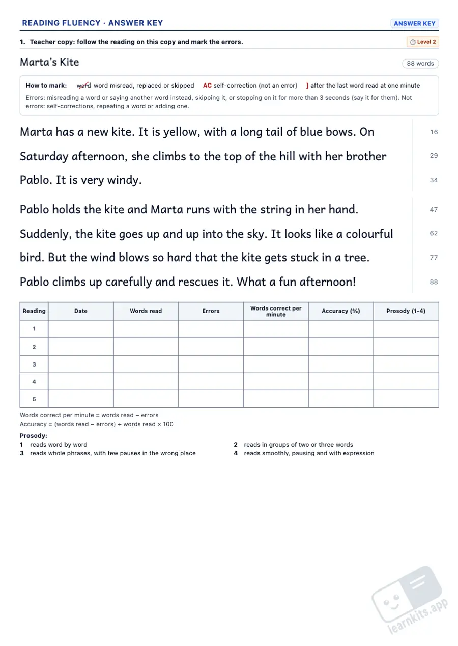 Reading Fluency Worksheet Generator: sample answer key of the same worksheet, first page