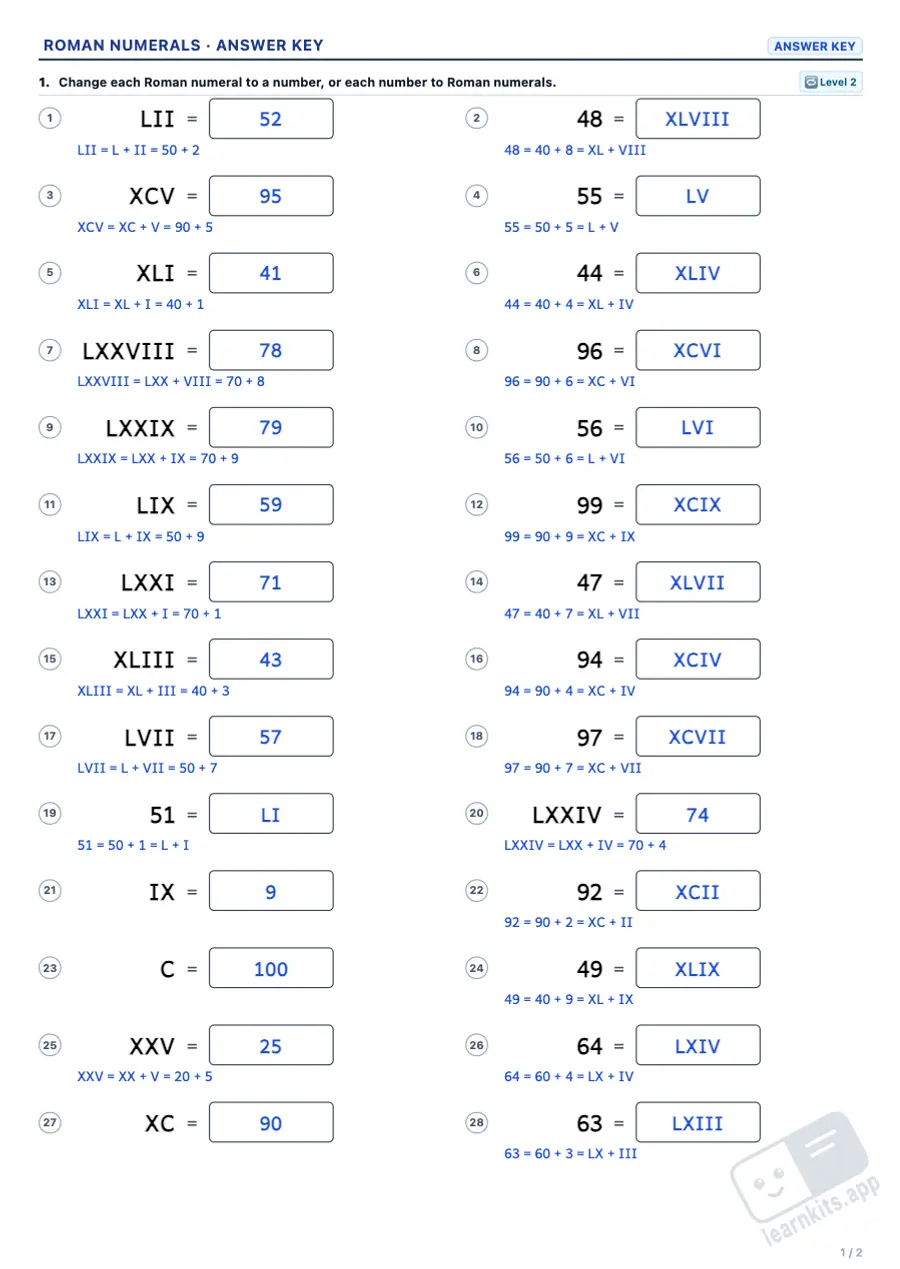 Roman Numerals Worksheet Generator: sample answer key of the same worksheet, first page