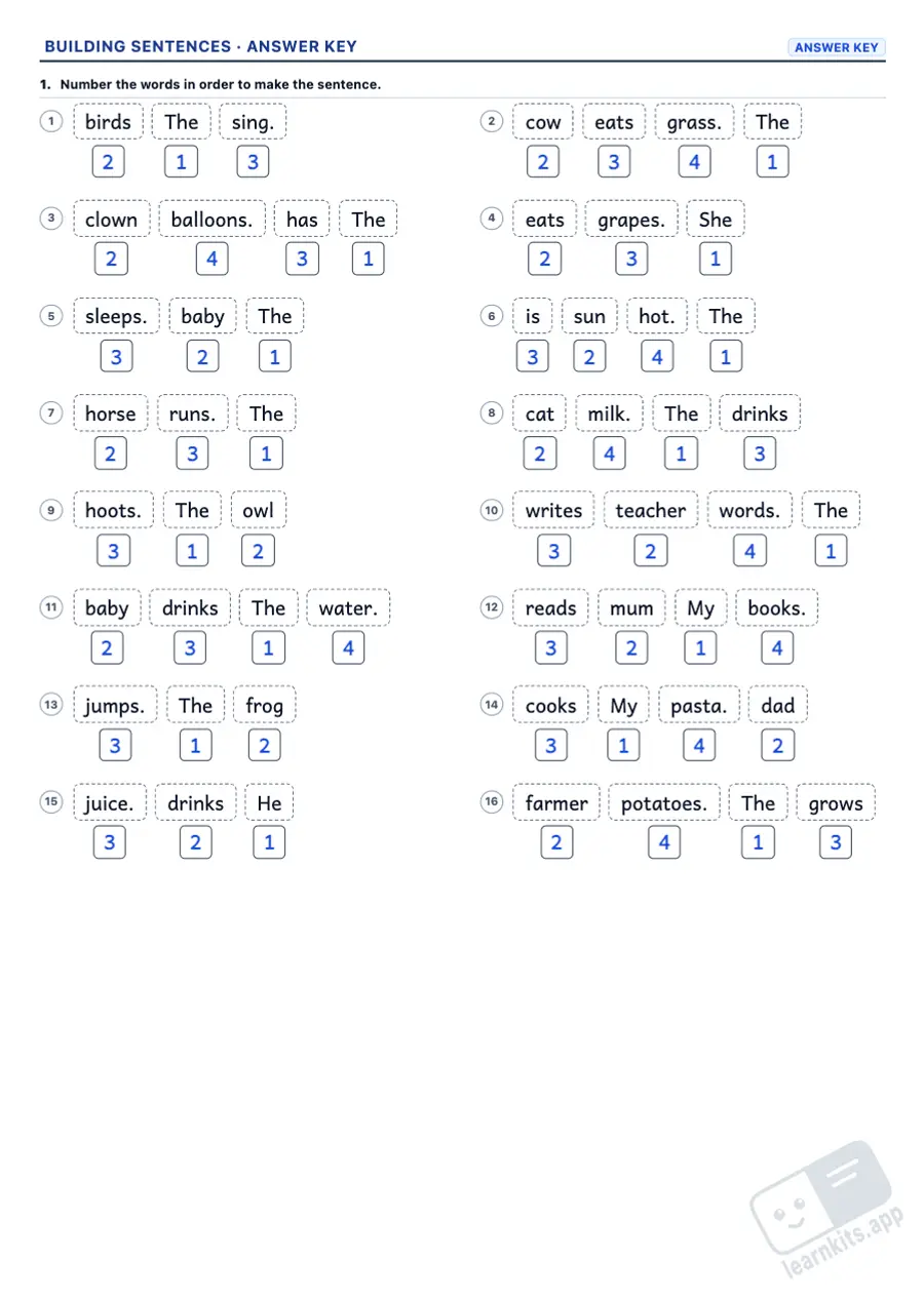 Sentence Building Worksheet Generator: sample answer key of the same worksheet, first page