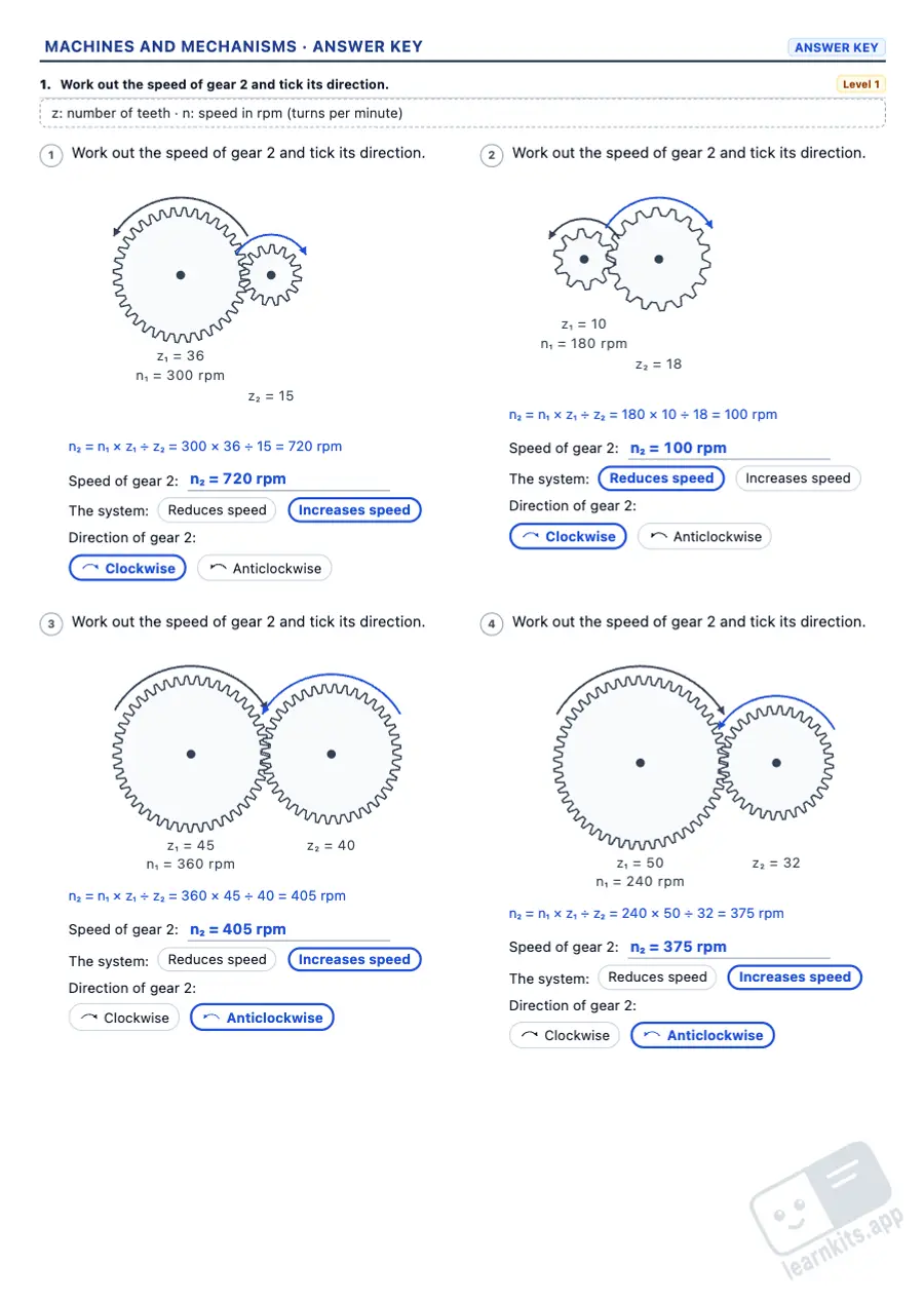 Simple Machines and Mechanisms Worksheets: sample answer key of the same worksheet, first page