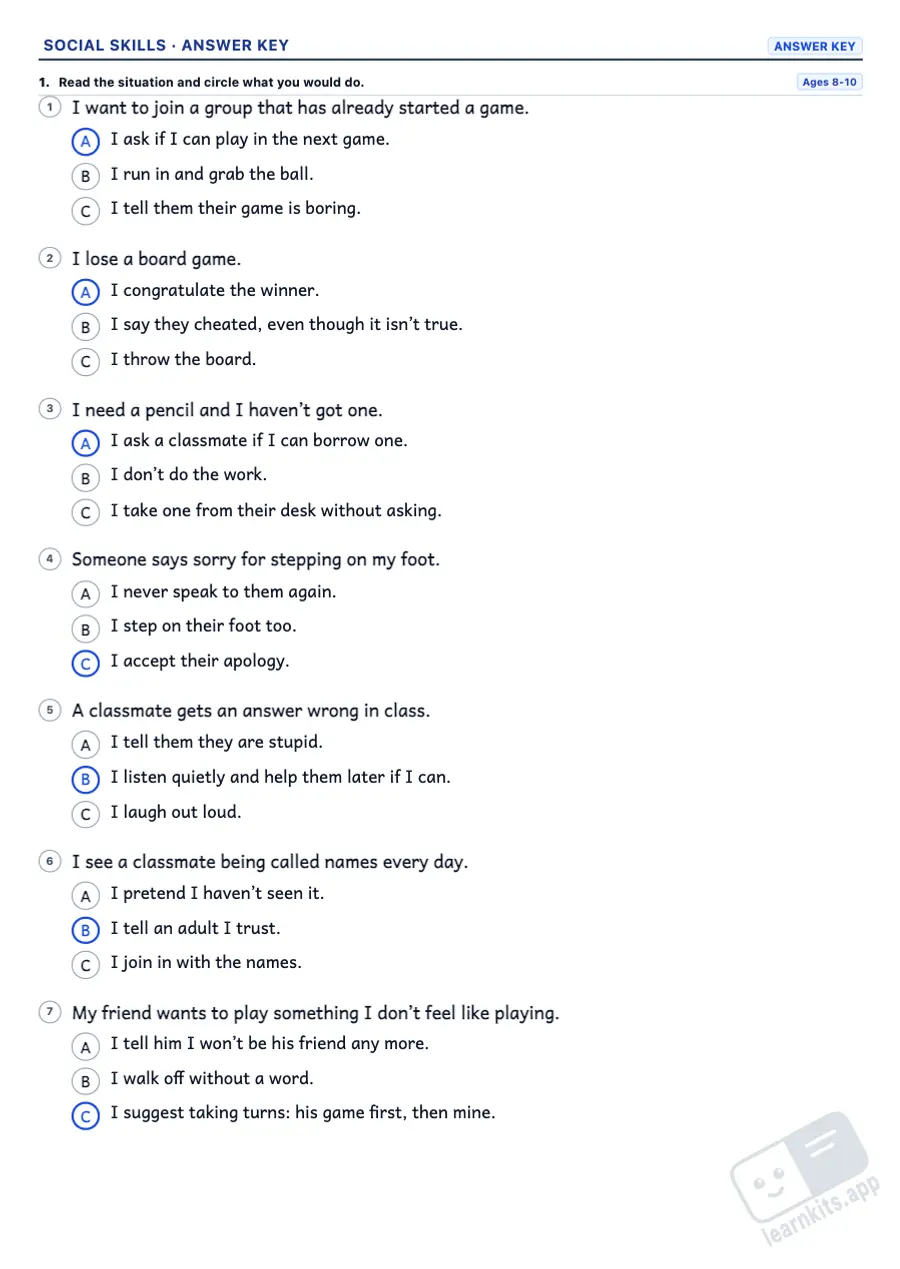 Social skills worksheets: sample answer key of the same worksheet, first page
