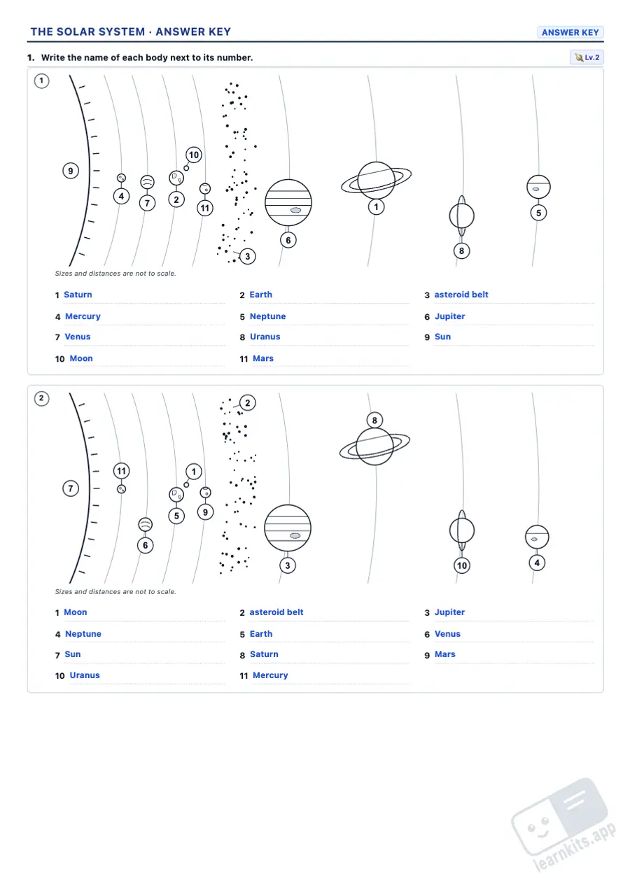 Solar System Worksheet Generator: sample answer key of the same worksheet, first page