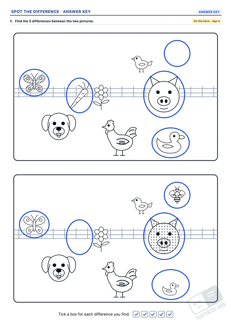 Printable spot the difference worksheets: sample answer key of the same worksheet, first page