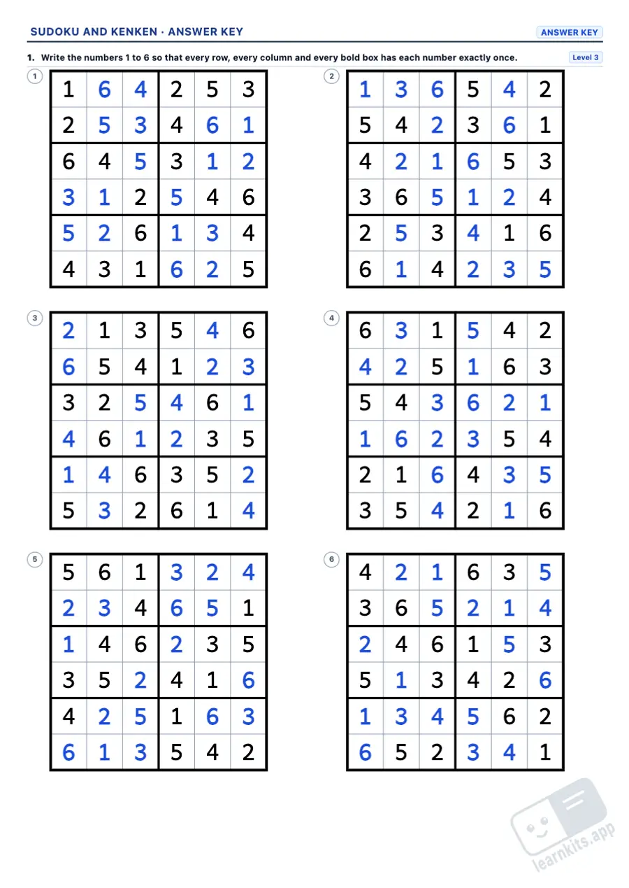 Sudoku and KenKen Worksheet Generator: sample answer key of the same worksheet, first page