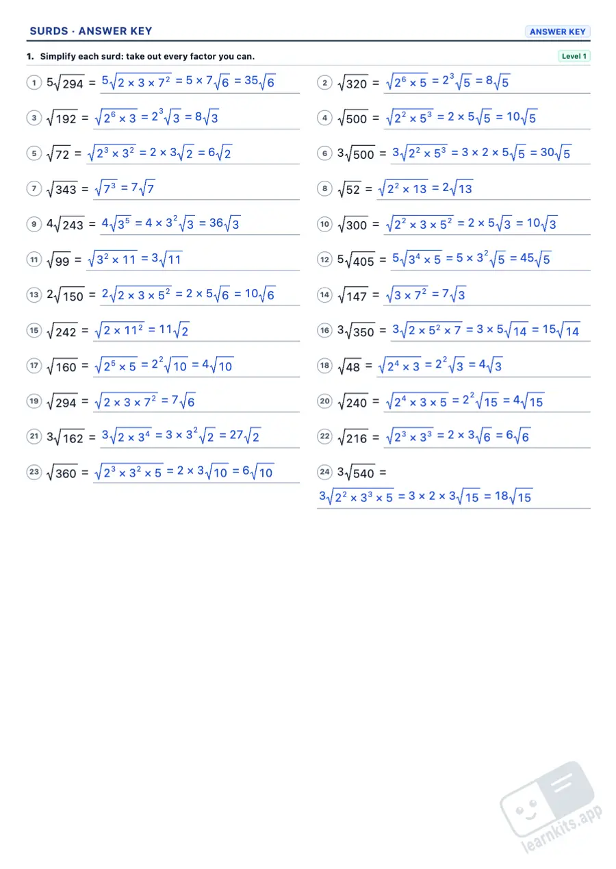 Surds Worksheet Generator: sample answer key of the same worksheet, first page
