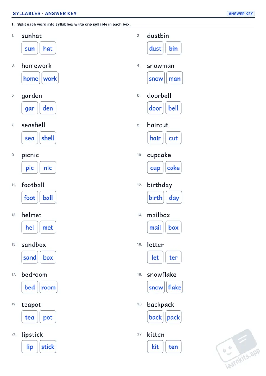 Syllable Worksheet Generator: sample answer key of the same worksheet, first page