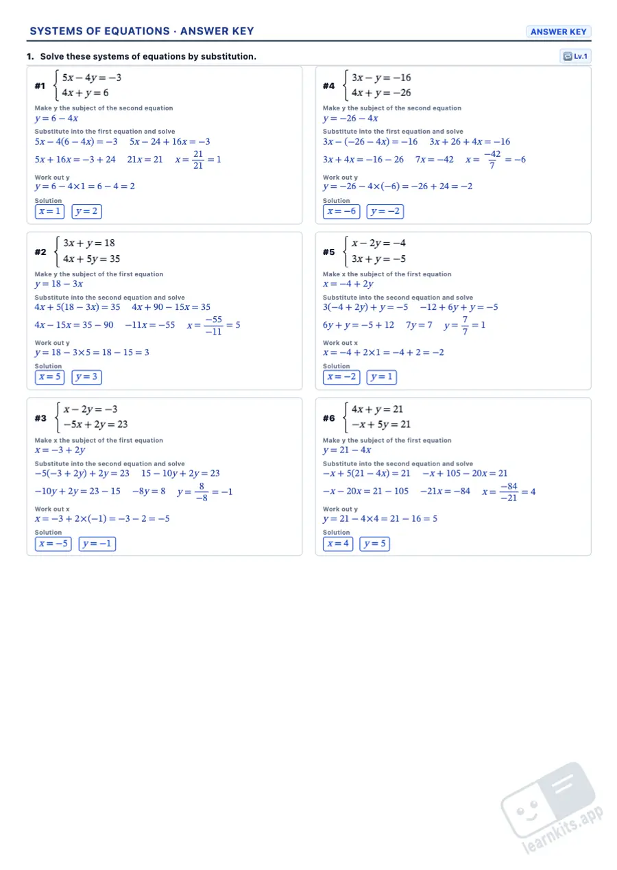 Systems of Equations Worksheet Generator: sample answer key of the same worksheet, first page