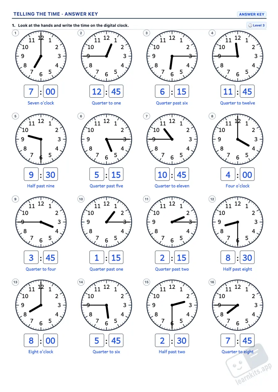 Telling Time Worksheet Generator: sample answer key of the same worksheet, first page