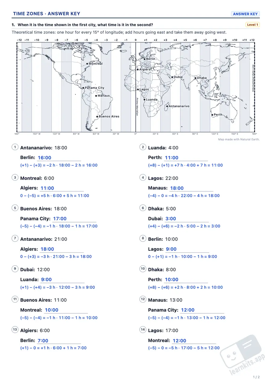 Time zones worksheets to print, with answers: sample answer key of the same worksheet, first page