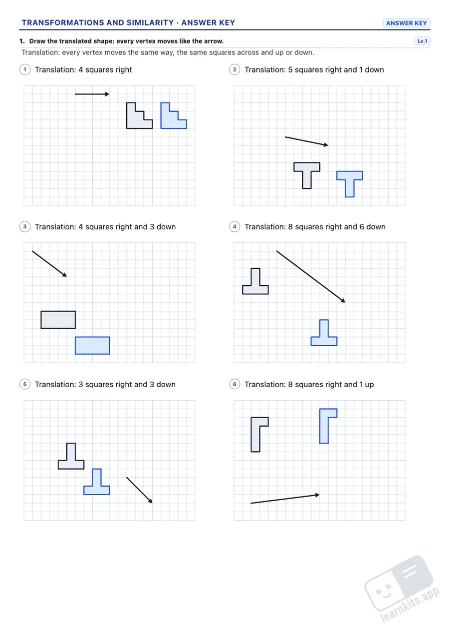 Transformations and similarity worksheets to print: sample answer key of the same worksheet, first page