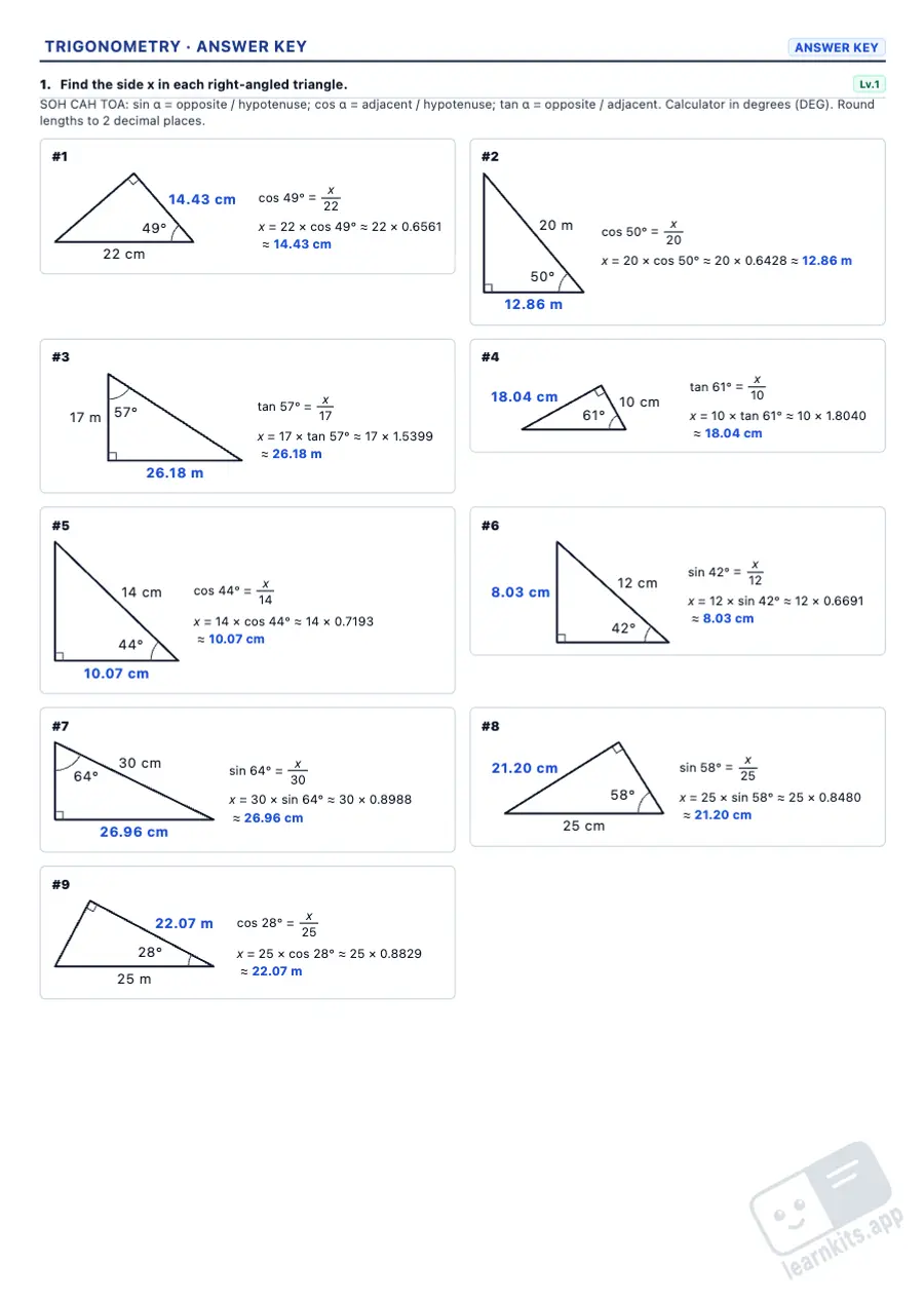 Right Triangle Trigonometry Worksheet Generator: sample answer key of the same worksheet, first page