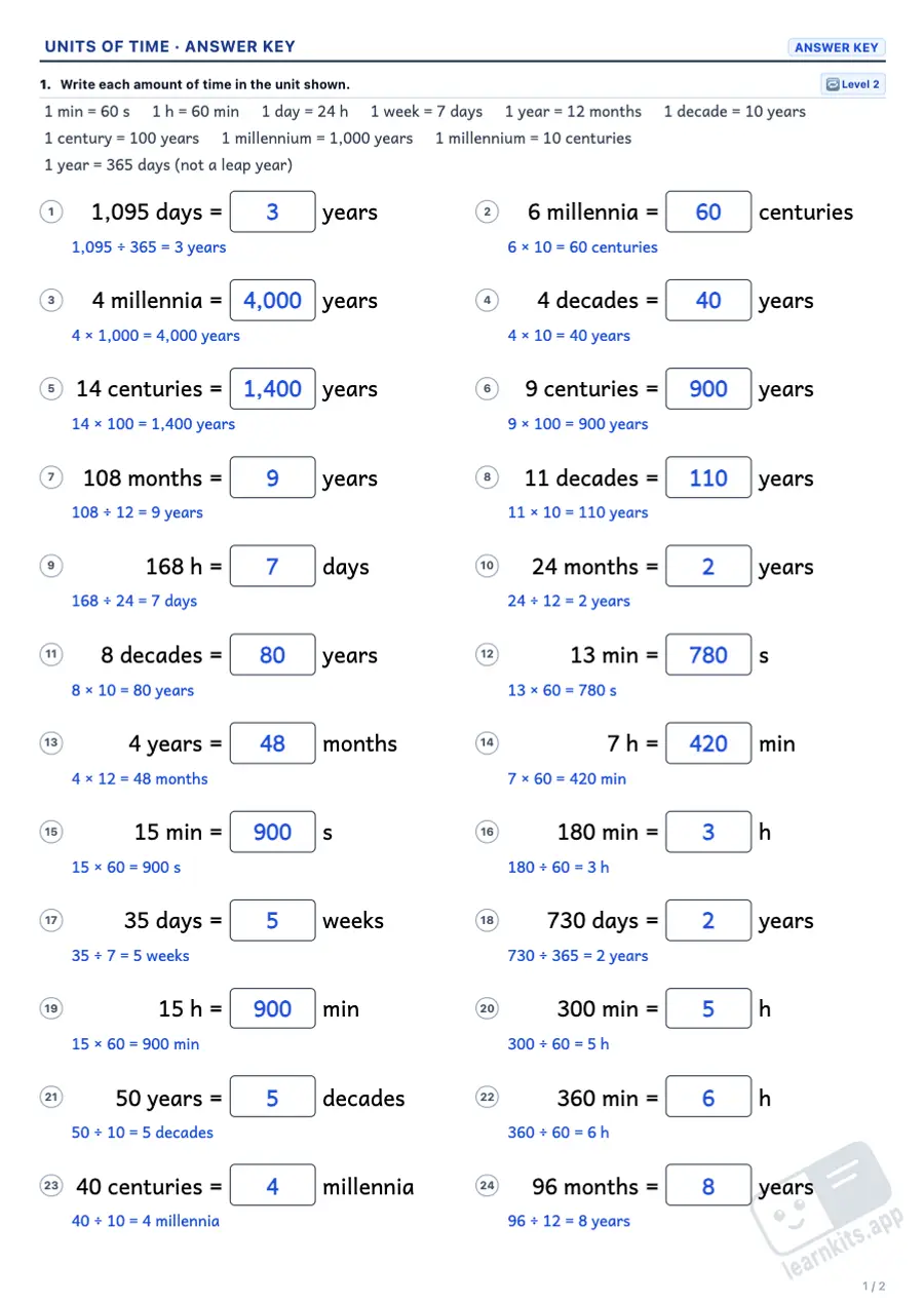Time Units Conversion Worksheet Generator: sample answer key of the same worksheet, first page