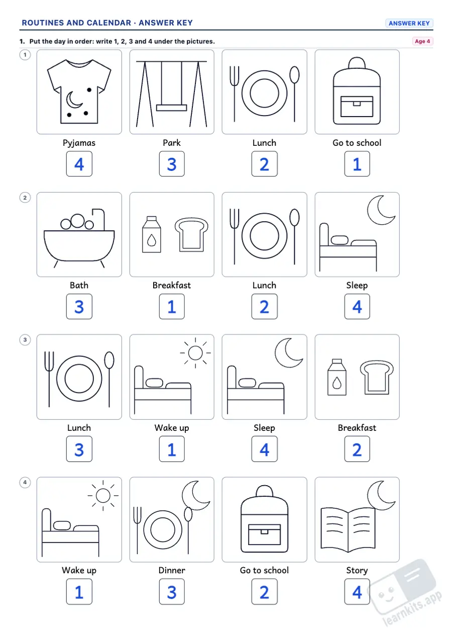 Daily Routine and Calendar Generator: sample answer key of the same worksheet, first page