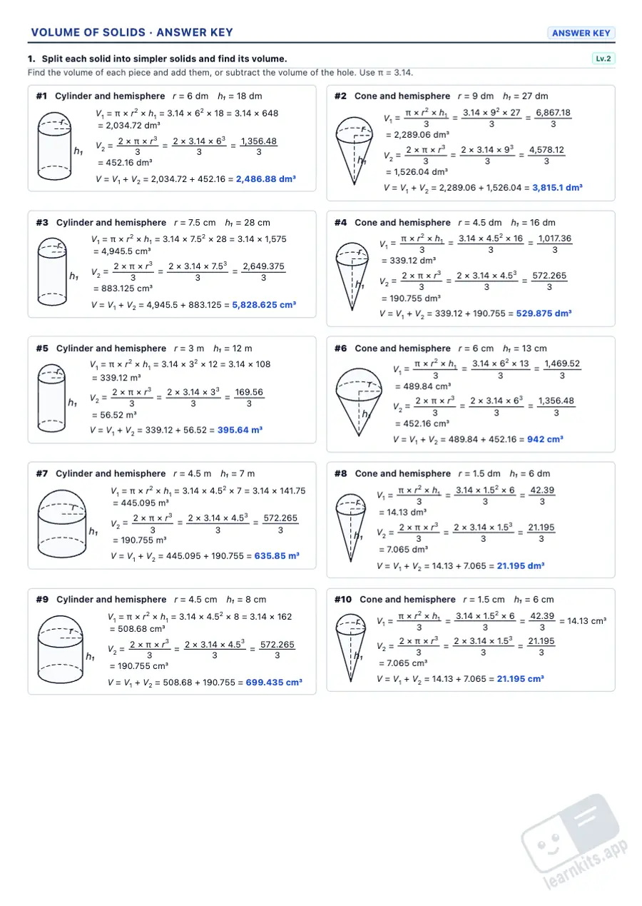 Volume of Solids Worksheet Generator: sample answer key of the same worksheet, first page