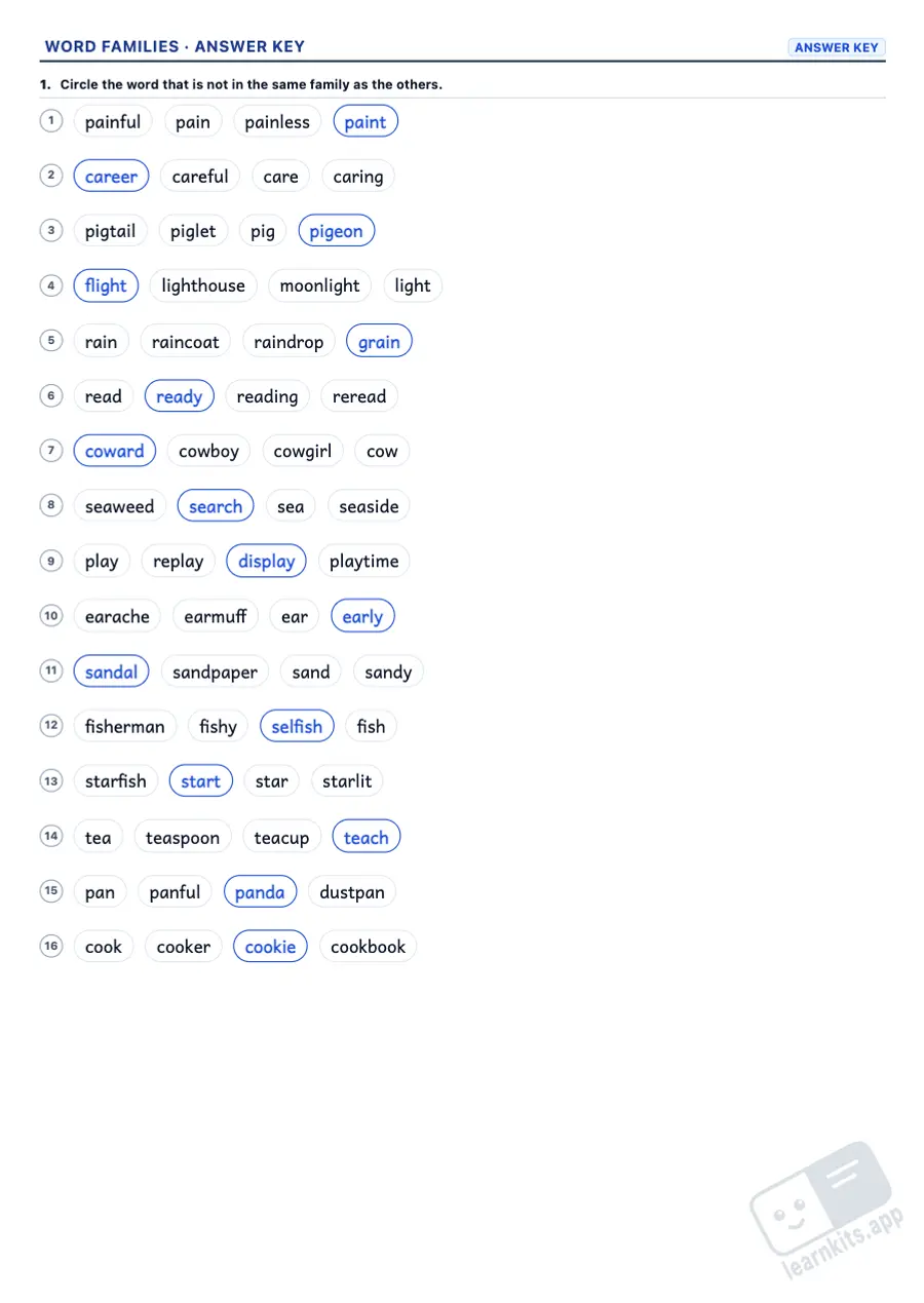 Word Families, Prefixes and Suffixes Worksheet Generator: sample answer key of the same worksheet, first page