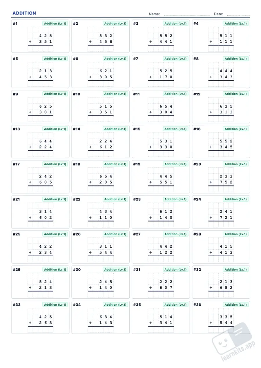 Column addition worksheets with answer key: sample printable A4 worksheet, first page of the student sheet