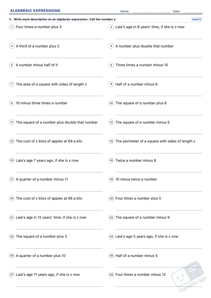 Algebraic expressions worksheets to print, with answers: sample printable A4 worksheet, first page of the student sheet