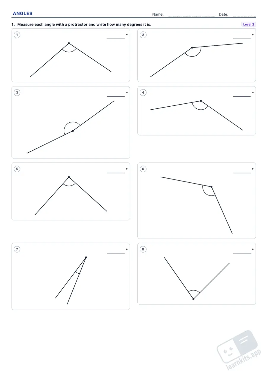 Angles Worksheet Generator: sample printable A4 worksheet, first page of the student sheet
