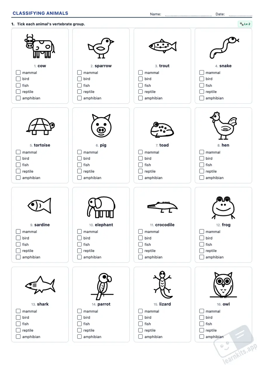 Animal Classification Worksheet Generator: sample printable A4 worksheet, first page of the student sheet