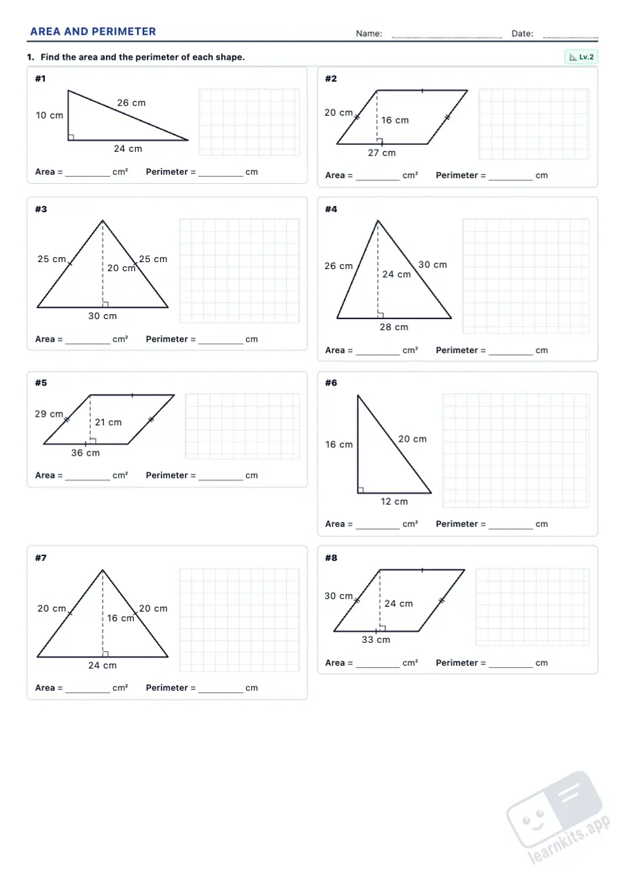 Area and Perimeter Worksheet Generator: sample printable A4 worksheet, first page of the student sheet