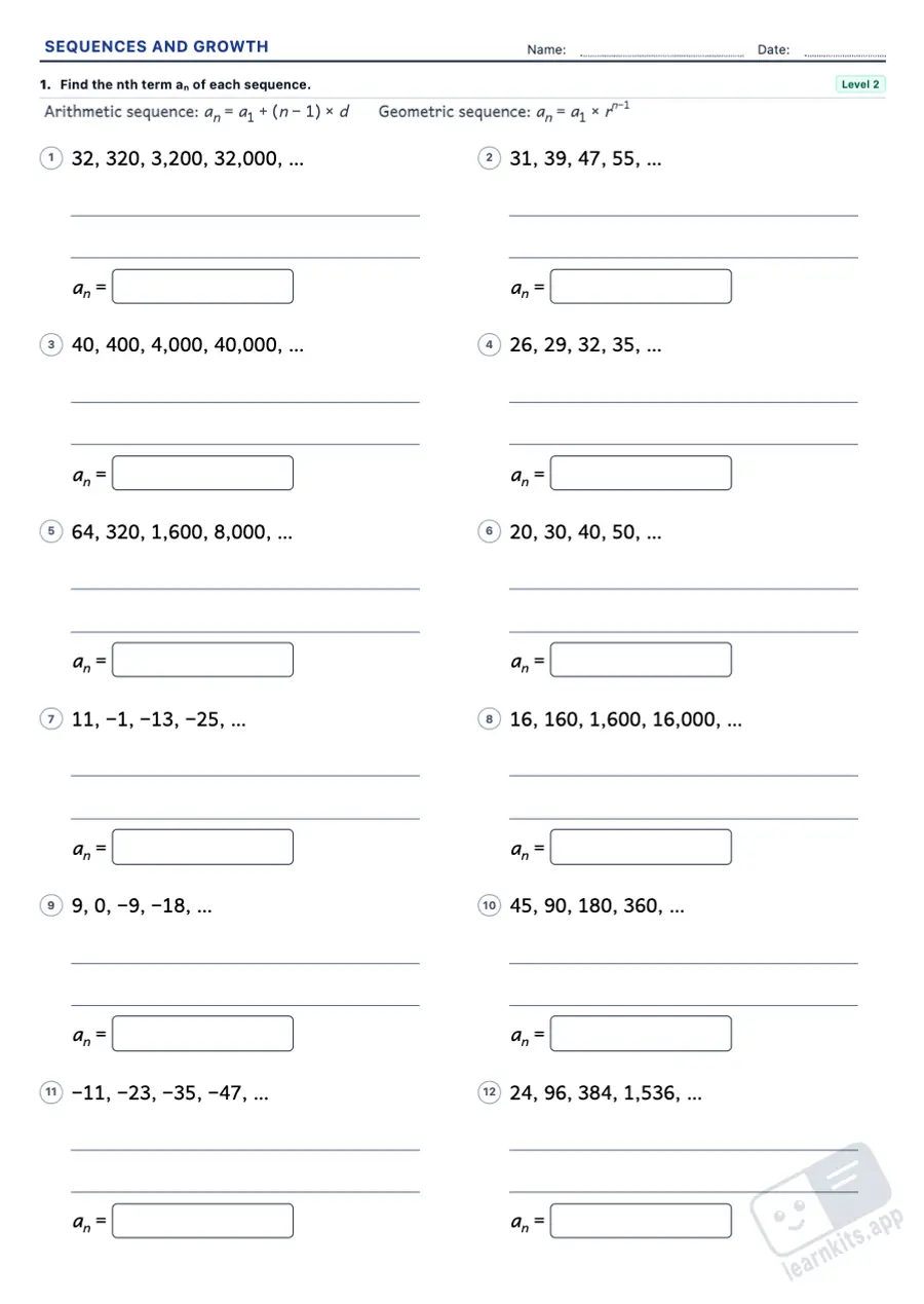 Arithmetic and geometric sequences worksheets to print: sample printable A4 worksheet, first page of the student sheet