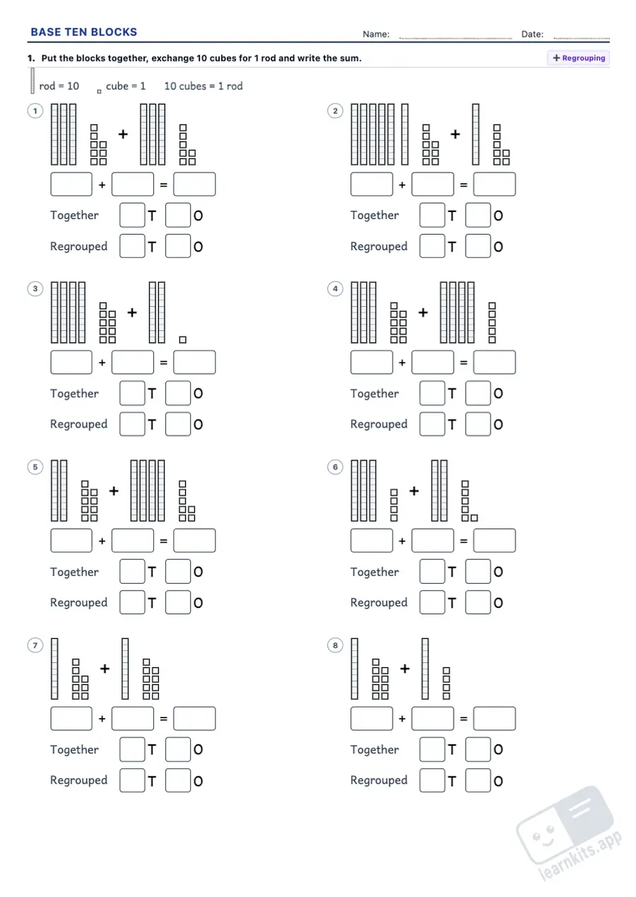 Base Ten Blocks Worksheet Generator: sample printable A4 worksheet, first page of the student sheet