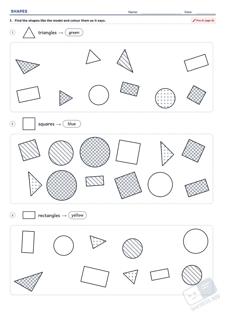 Basic Shapes Worksheet Generator: sample printable A4 worksheet, first page of the student sheet