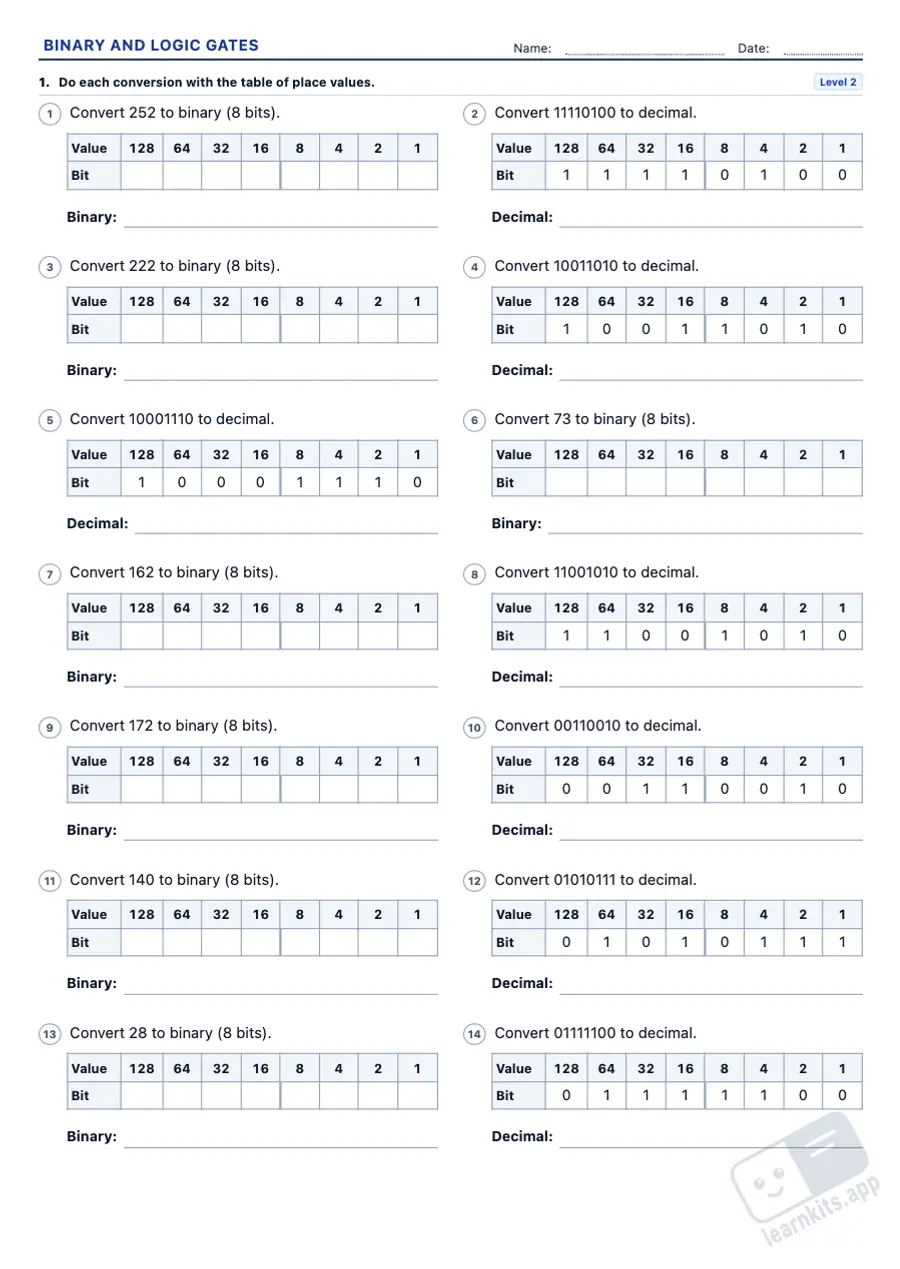 Binary and logic gates worksheets to print: sample printable A4 worksheet, first page of the student sheet