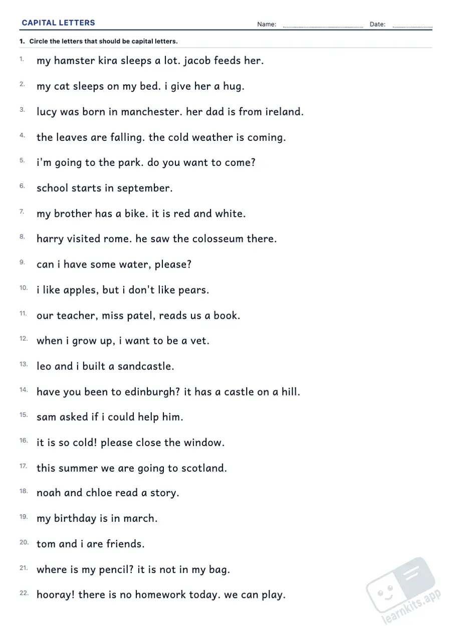 Capital Letters Worksheet Generator: sample printable A4 worksheet, first page of the student sheet