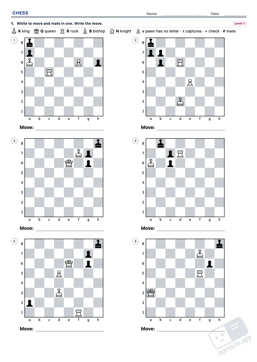 Chess worksheets for kids: sample printable A4 worksheet, first page of the student sheet