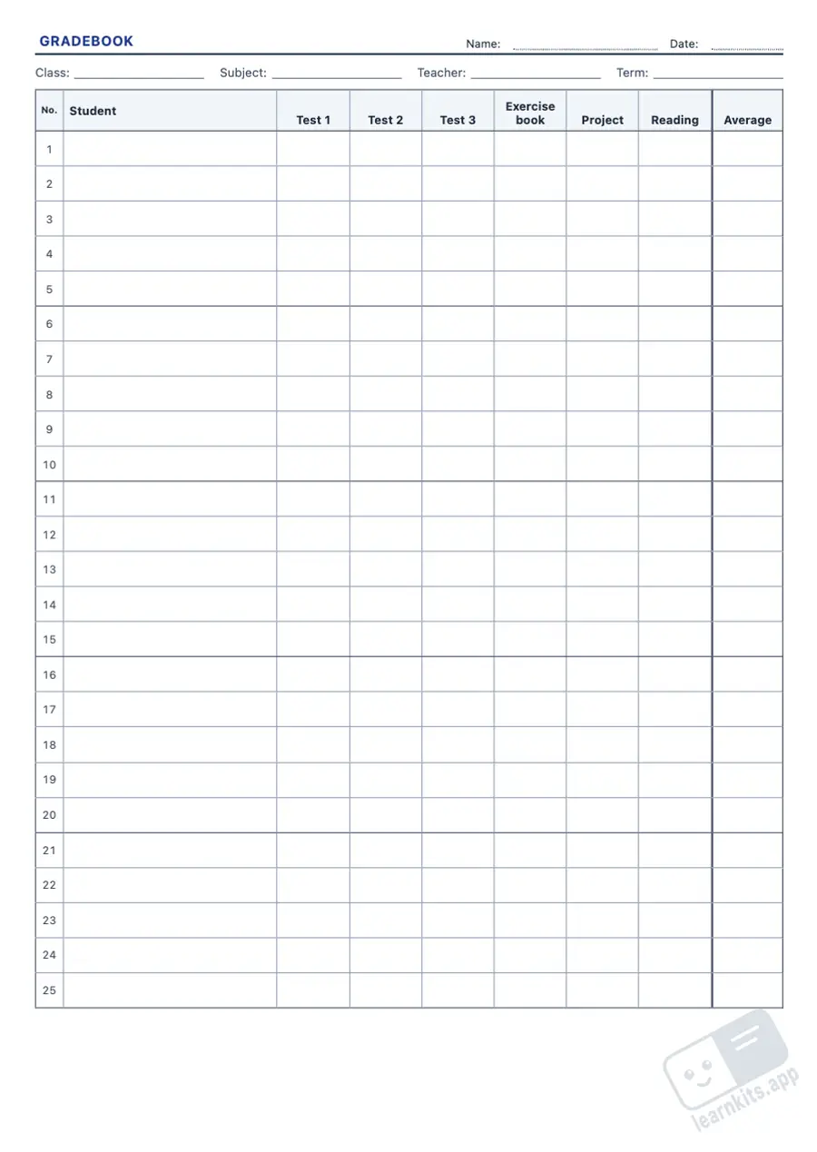 Printable class lists, attendance and grade sheets: sample printable A4 worksheet, first page of the student sheet
