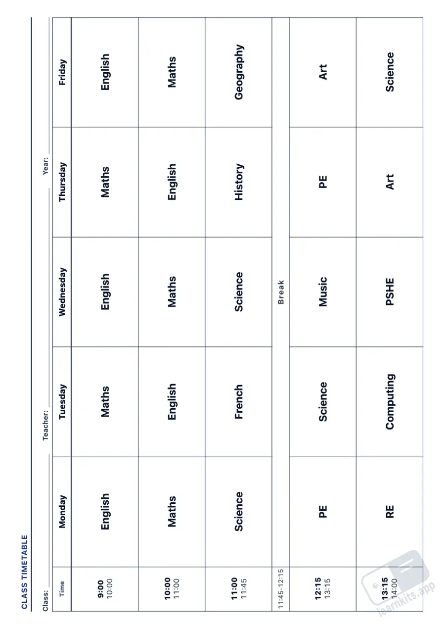 Printable class timetable and lesson planner: sample printable A4 worksheet, first page of the student sheet