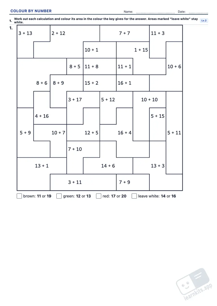 Colour by Number Maths Worksheet Generator: sample printable A4 worksheet, first page of the student sheet