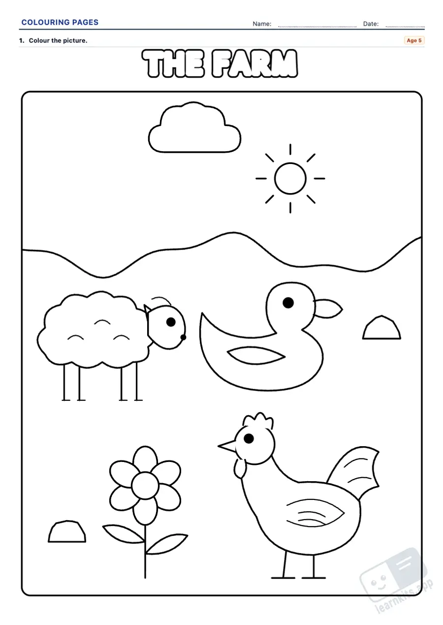 Printable colouring pages for kids: sample printable A4 worksheet, first page of the student sheet