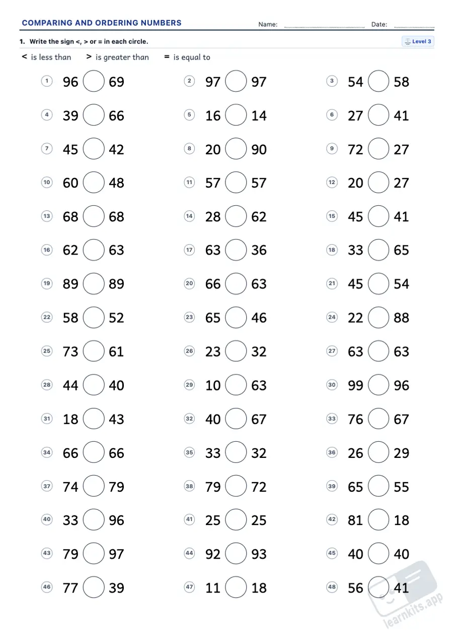 Comparing and Ordering Numbers Worksheet Generator: sample printable A4 worksheet, first page of the student sheet