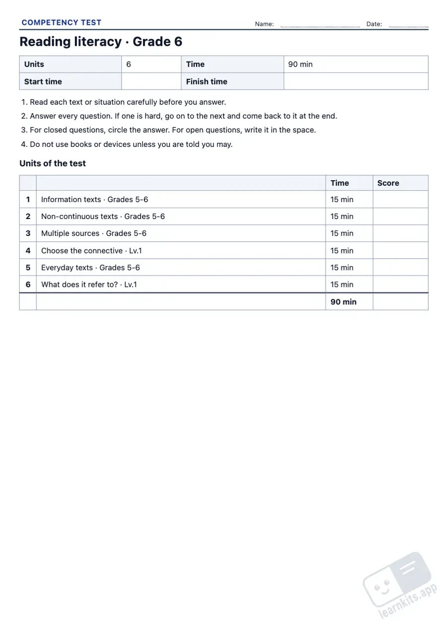 Printable PISA-Style Competency Tests: sample printable A4 worksheet, first page of the student sheet
