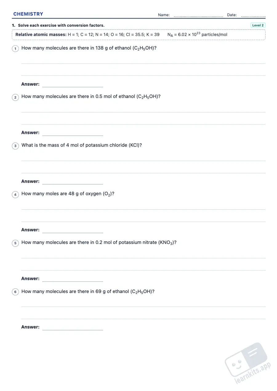 Concentration, moles and stoichiometry worksheets to print: sample printable A4 worksheet, first page of the student sheet