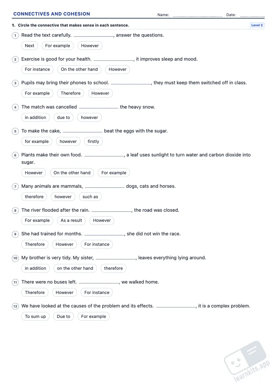 Connectives and Text Cohesion Worksheets: sample printable A4 worksheet, first page of the student sheet